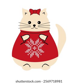 Cute nice lovely cat cartoon character on white background wearing a sweater with a  snowflake vector illustration