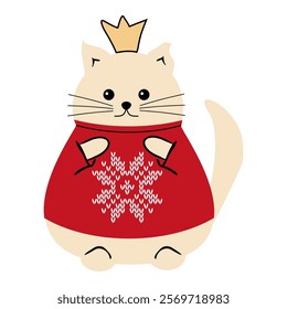 Cute nice lovely cat cartoon character on white background wearing a sweater with a  snowflake vector illustration