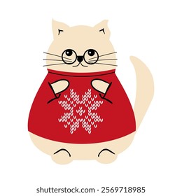 Cute nice lovely cat cartoon character on white background wearing a sweater with a  snowflake vector illustration