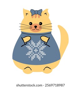 Cute nice lovely cat cartoon character on white background wearing a sweater with a  snowflake vector illustration