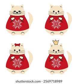 Cute nice lovely cat cartoon character on white background wearing a sweater with a  snowflake vector illustration