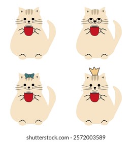  Cute nice lovely cat with a cup of tea or coffee cartoon character on white background vector illustration