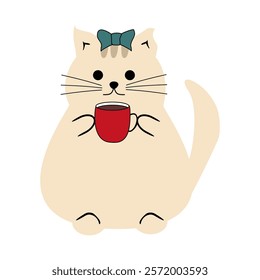  Cute nice lovely cat with a cup of tea or coffee cartoon character on white background vector illustration