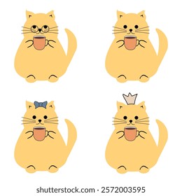  Cute nice lovely cat with a cup of tea or coffee cartoon character on white background vector illustration