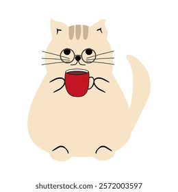  Cute nice lovely cat with a cup of tea or coffee cartoon character on white background vector illustration