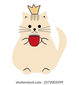  Cute nice lovely cat with a cup of tea or coffee cartoon character on white background vector illustration