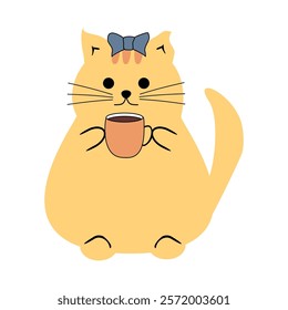  Cute nice lovely cat with a cup of tea or coffee cartoon character on white background vector illustration