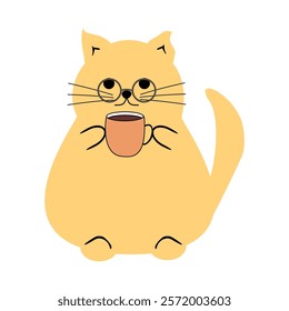  Cute nice lovely cat with a cup of tea or coffee cartoon character on white background vector illustration