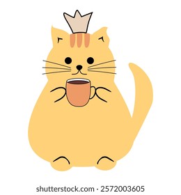  Cute nice lovely cat with a cup of tea or coffee cartoon character on white background vector illustration