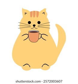  Cute nice lovely cat with a cup of tea or coffee cartoon character on white background vector illustration