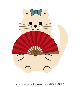 Cute nice lovely funny fat  cat with a fan on white background isolated vector illustration cartoon character 