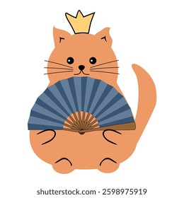 Cute nice lovely funny fat  cat with a fan on white background isolated vector illustration cartoon character 
