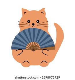 Cute nice lovely funny fat  cat with a fan on white background isolated vector illustration cartoon character 
