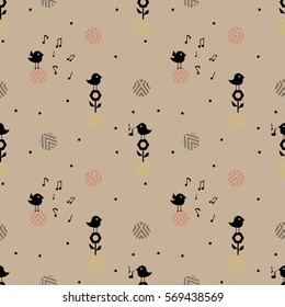 Cute nice scandinavian bird and circles pattern. funny birds black silhouette on pastel background. bird on flowers wallpaper. great minimalistic gift wrap wallpaper. birthday background