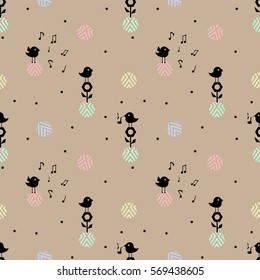 Cute nice scandinavian bird and circles pattern. funny birds black silhouette on pastel background. bird on flowers wallpaper. great minimalistic gift wrap wallpaper. birthday background