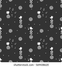 Cute nice scandinavian bird and circles pattern. funny birds white silhouette on black background. bird on flowers wallpaper. great minimalistic gift wrap wallpaper. birthday background