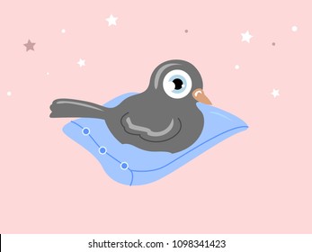 Cute and nice simple illustration of little bird on the comfy pillow. Scandinavian style design in pastel pink and blue colors for children. Kids soft theme, unisex for baby shower card with stars