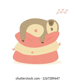 Cute nice sloth resting on pillows. Design for print, greeting card, invitations. Vector illustration with cute animal