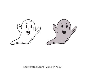 Lindo fantasma gris sonriente fantasma fantasma en negro aislado sobre fondo blanco. Dibujado a mano ilustración de boceto de Vector en estilo de arte de línea vintage grabado doodle. Feliz símbolo de Halloween, libro para colorear