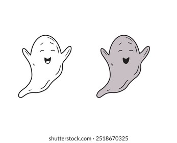 Lindo fantasma gris sonriente fantasma fantasma en negro aislado sobre fondo blanco. Dibujado a mano ilustración de boceto de Vector en estilo de arte de línea vintage grabado doodle. Símbolo de Halloween feliz, horror, libro para colorear