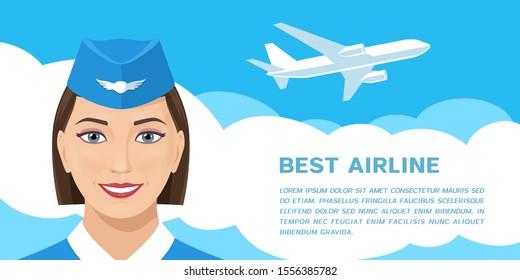 Cute nice smiling stewardess and flying passenger airplane. Vector flyer or web banner design