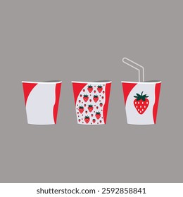 Cute nice three set red color drink cup Icon with strawberry print design vector set template Illustration on white background