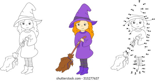 Cute and nice witch with broom. Coloring and dot to dot educational game for kids. Vector illustration