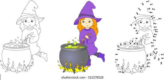 Cute and nice witch with cauldron brews magic potion. Coloring and dot to dot educational game for kids. Vector illustration