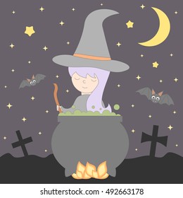 cute nice young cartoon witch cooks a potion in the cauldron in the night halloween vector illustration