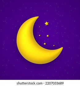 Cute night background with blue sky, stars and golden moon. Vector illustration.