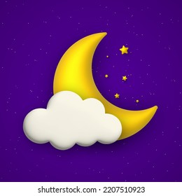 Agradable fondo nocturno con cielo azul, nube, estrellas y luna dorada. Ilustración vectorial.