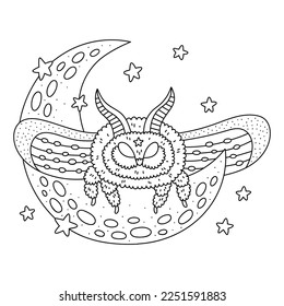 Cute night butterfly sitting on the moon. Funny fluffy moth. Adorable beautiful insect. Coloring page for kids and adults. Cartoon vector illustration. Black and white. Hand drawn style. Outlined