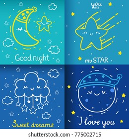 Cute night cards with full Moon, waning crescent Moon, star and cloud, vector pack.