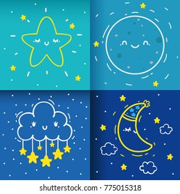Cute night cards with star, cloud, full and waning crescent Moon, set, vector.