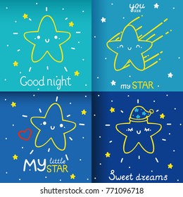 Cute night cards with stars, vector pack.
