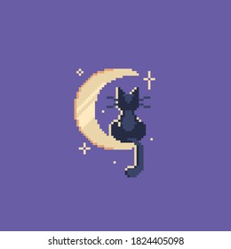 Cute night cat sitting on the moon. Pixel art style. Vector illustration