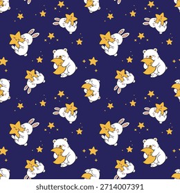 Nette Nacht Freunde nahtloses Muster. Bären umarmen den Mond und Hasen kuscheln Sterne auf tiefblauem Hintergrund