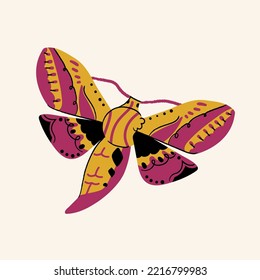 Cute night moth with beautiful wings. Butterfly Vector insect illustration isolated on beige background. Halloween magic character