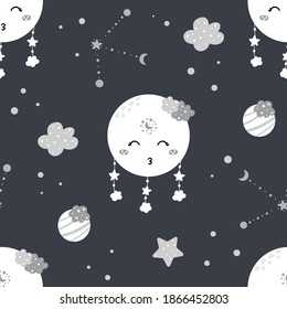 Cute night pattern with sleeping moon, stars, planets and clouds isolated on dark background. Hand drawn Scandinavian style vector illustration for nursery print and design.