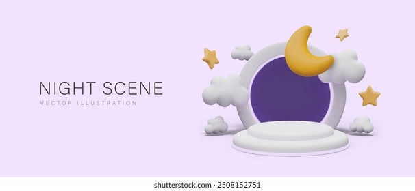 Cute night scene in 3D cartoon style. Empty podium with round wall, clouds, crescent moon, stars