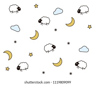 Cute night seamless pattern background for kids bedtime sleeping. Vector wallpaper illustration with clouds, moons, stars, sheeps or lambs