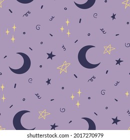 Cute night seamless pattern. Hand drawn illustration isolated on a violet background.