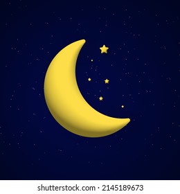 Cute night sky background with 3d moon and stars. Square composition. Vector illustration.