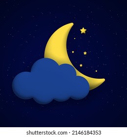 Cute night sky background with 3d cloud, moon and stars. Square composition. Vector illustration.