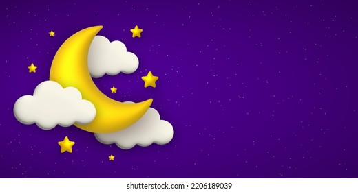 Cute night sky background with 3d clouds, golden moon and stars. 3d cartoon vector illustration.