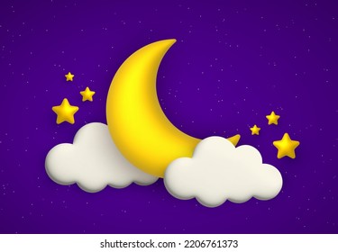Cute night sky background with 3d clouds, golden moon and stars. 3d cartoon vector illustration.