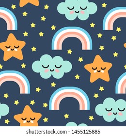 Cute night sky background seamless pattern with rainbow, stars and clouds. Baby clothing water color texture