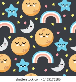 Cute night sky background seamless pattern with rainbow, planet, moon and stars . Baby clothing water color texture