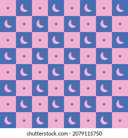 Cute Night Sky Half Moon Star Sparkle Element Blue Pink Purple Checkered Gingham Pattern Editable Stroke. Cartoon Illustration, Mat, Fabric, Textile, Scarf, Wrapping Paper. 