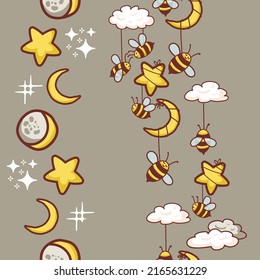 Cute Night Sky Hanging Bees Nursery Vector Seamless Vertical Borders Set
